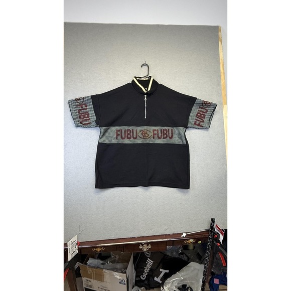 Vintage FUBU Shirt Mens One Size Black Mesh Polo Pullover Zip Made in USA 90s - Picture 1 of 11